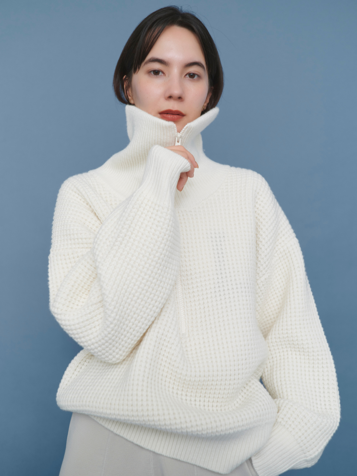 【オフホワイト再入荷】lelill レリル ワッフルハーフZIPニット